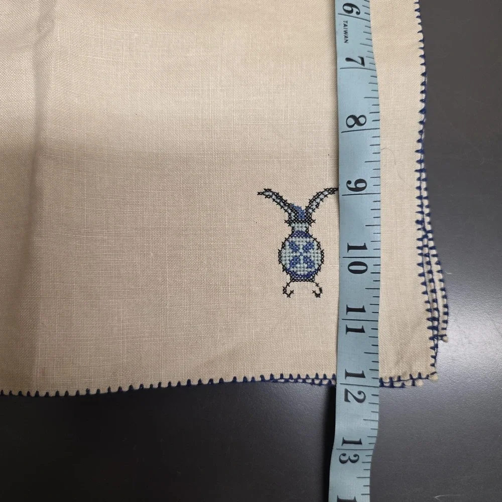 Linen Embroidered Pomegranate Beetle Napkins Set Of 8 Beige Blue Border Table
